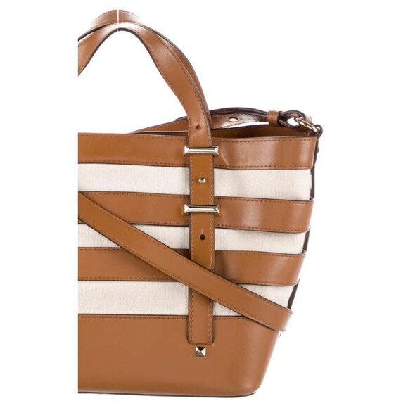 DESIGNER MICHAEL KORS CANVAS LEATHER TRIM STRIPED GOLD TONE HARDWARE TOTE - Picture 9 of 13